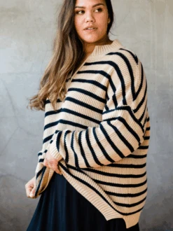 Liz Half Zip Pullover Sweater -The Mist Sale Store LizPullover OatMilkBlackStripe ABLE 2