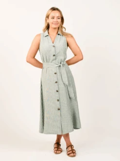 Maddison Button-Front Sleeveless Midi Dress 9 Maddison Button-Front Sleeveless Midi Dress -The Mist Sale Store MaddisonDress GreenStripe Able 3